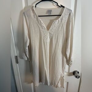 Chico's Ivory Embroidered Tunic Top size l EUC